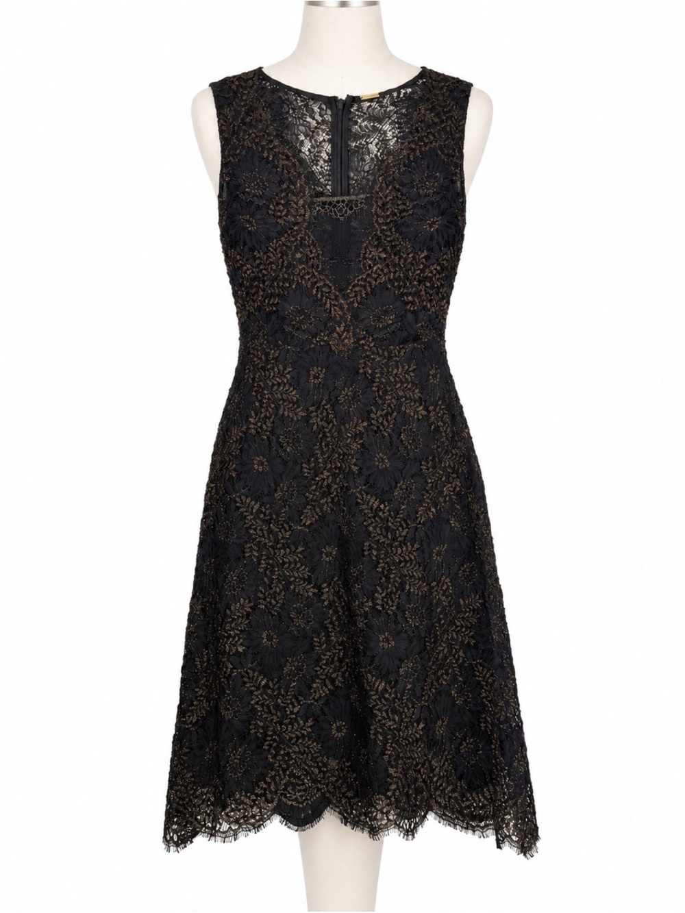 Elie Tahari Black Gold Metallic Lace Fit & Flare Dress Size 0